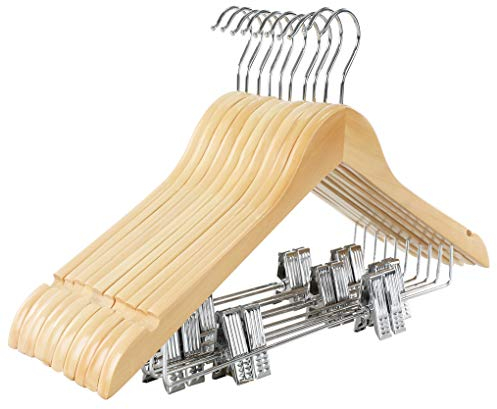 TOPIA HANGER Wooden Hangers with Adjustable Metal Clips and 360° Swivel Hook, Premium Wood Clothes Hangers 10 Pack for Suit, Pant, Skirt, Jeans, Coat, Jacket-CT28N