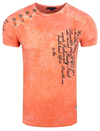 Rusty Neal Herren T-Shirt Oxid Washed Vintage 'ORIGINAL NOS' Tshirt Herren-T-Shirt Knopfleiste Rundhals Stretch 195, Farbe:Orange, Größe S-3XL:S