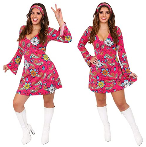 60-tal och 70-tals retro maskeradkostymer för kvinnor – gogo, hippie & flower power klänningar och pannband – storlek: X-Large