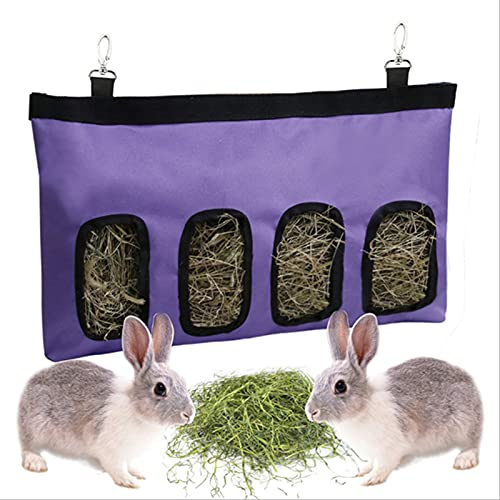 Rabbit Hay Feeder Bag Guinea Pigs Hanging Hay Rack Manger Holder Dispenser Small Animal Feeder Storage Pouch for Bunny Chinchilla Hamster (4 Windows, Purple)