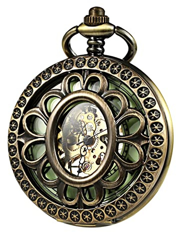 TREEWETO Unisex Mechanische Hohl Blume Taschenuhren für Herren Frauen Skelett römische Ziffern Leuchtend Taschenuhr mit Geschenkbox und Kette