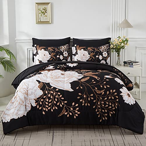 Yogeneg 7-delad säng i en väska, queen täcke set, botaniska blommor sängkläder, vita blommor löv tryckta på svart vändbar design, mjukt mikrofibertäcke med lakanset, alla årstider (svart, drottning)