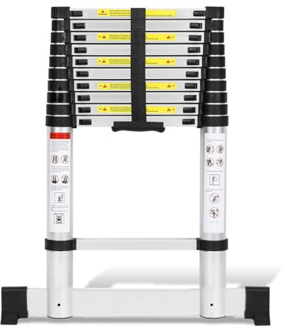 Cecaylie 3,2 m teleskopstege i aluminium med 2 avtagbara krokar, utdragbar utdragbar stege, halkfri multifunktionsstege maximal belastning 150 kg