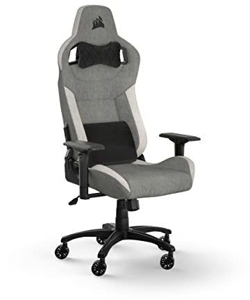Corsair T3 RUSH Fabric Gaming Chair (2023) – Racing-Inspired Design – Soft Fabric Exterior – Padded Neck Cushion – Memory Foam Lumbar Support – Adjustable Seat Height – Grey & White
