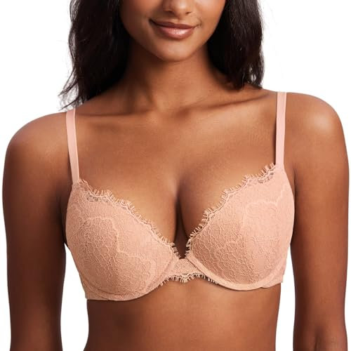 DOBREVA Damen Push Up BH mit Blumen Wimpern Spitze Sexy Bügel BHS Gepolstert Blush Beige 90C