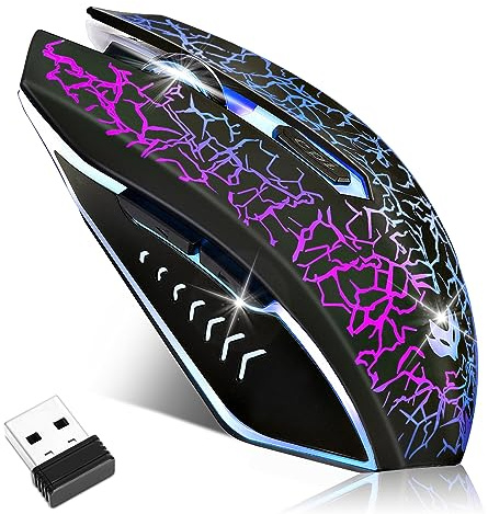 LuLabboard Wireless Gaming Mouse, Rechargeable Wireless Computer Mouse, 7-Color LED Light, Ergonomic Mouse with 6 Silent Click Buttons, 3 Adjustable 2400 DPI Wireless Mouse for Laptop,PC,Mac, Black