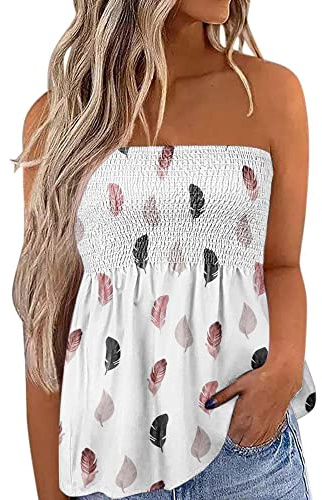 Springcmy Women Strapless Bandeau Tank Casual Loose Sleeveless Tube Tops Summer Flowy Tunic Tube Top Tee Shirt Blouse (B-Pink Feather, L)