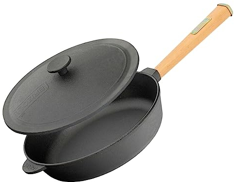 4BIG.fun Ø26 cm Gusseisenpfanne 65 mm hoch Holzgriff abschraubbar mit Gusseisendeckel Bratpfanne Deckel Gusseisen Pfanne geeignet für Gasgrill, Backofen, Feuerstelle Induktion und alle Herdarten