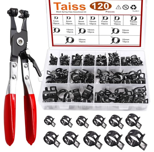 Taiss 120PCS 7-22mm Black Spring Band Hose Clamps with Swivel Flat Hose Clamp Plier Assortment Kits.Low Pressure Air Clip Strap Clamp for Hose Fuel Silicone Vacuum Hose Clamp