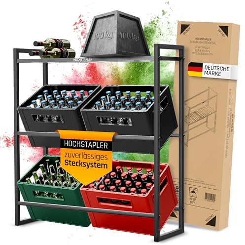 HOCHSTAPLER Drinks Crate Rack for 6 Boxes in Anthracite, Sturdy Drinks Shelf with Wall Mount, Solid Metal Crate Rack (Anthracite, 6 Boxes with Wine Rack)