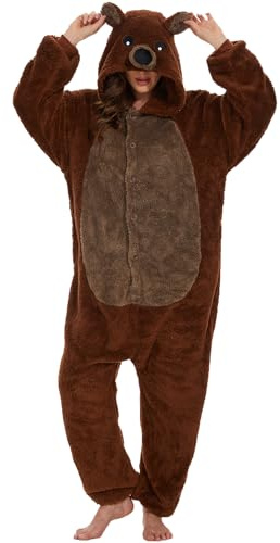 LATH.PIN Adulte Kigurumi Pyjama Unisexe Anime Animal Costume Cosplay Déguisement Combinaison Onesies Ensembles de Pyjama Panda Vêtements de Nuit Sleepwear (Peluche Ours Brun,XL)