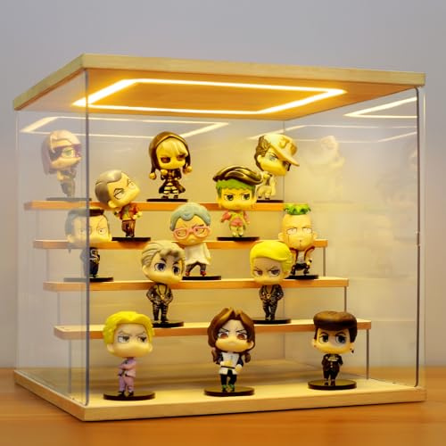AZEYN Vitrine Acrylique Transparente avec Éclairage LED, Boîte d'Exposition 3/4/5/6 Niveaux Anti-Poussière Vitrine Présentoir pour Figurines, Collections, Modèles (Bois, 5 Étagère 32 x 31 x 30cm)