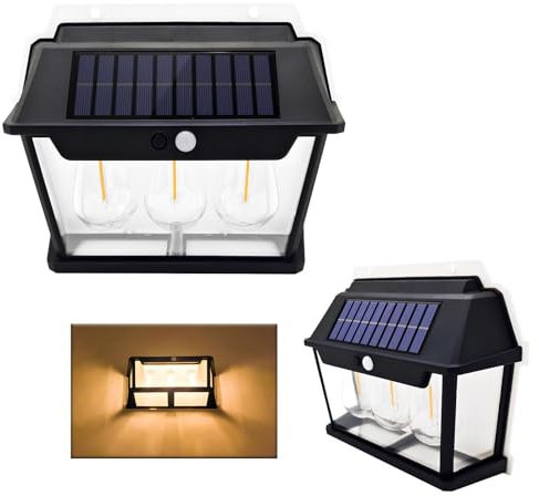 [2 pezzi] Lampada Solare da Esterno a Parete con Sensore di Movimento e Crepuscolare Luce LED Edison Filamento Incandescente 1800 mAh Impermeabile IP65 Applique Muro Facile Installazione (1800 Lumen)