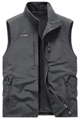 Vivikivi Fleece-väst för män för män vattentät varm ärmlös jacka med fickor vändbar kroppsvärmare för fiske fotografi utomhussport, Grå, 6XL
