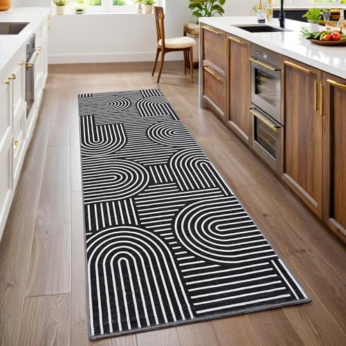 ROYHOME Modern Rug 2x6 Runners for Hallways, Abstract Kitchen Runner Rugs Non Slip Bath Runner, Rainbow Washable Runner Rug for Bedroom, Soft Long Rugs for Entryway Bathroom Laundry Dorm, Black