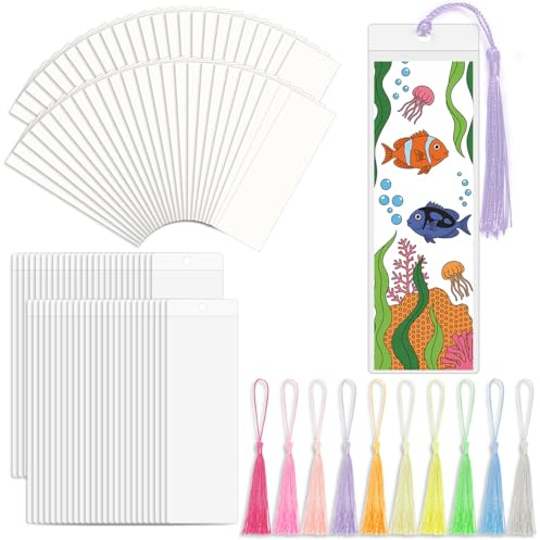 Bizsyumi 50 Sets Bookmark Making Kit, with 50 Clear Bookmark Sleeves, 50 Colorful Tassels, 60 Kraft Paper Blank Bookmarks, DIY Bookmarks for Party, Decoration, Teaching or Record Reading Experience