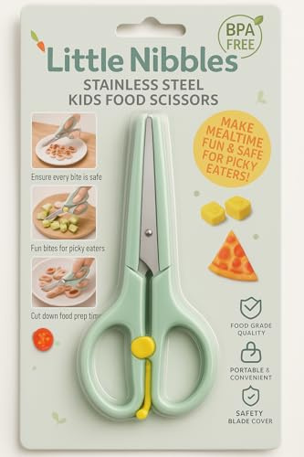Little Nibbles Baby Toddler Feeding Scissors - Stainless Steel Childrens Food Cutter with Safety Cover, Easy-Grip Handles, BPA-Free, Dishwasher Safe – Shears for Meat, Veggies & Fruits