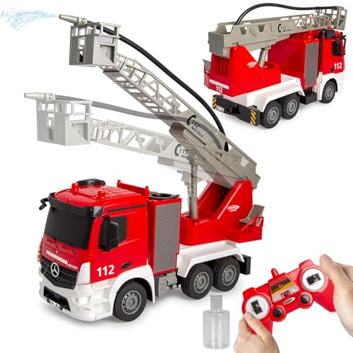 JAMARA 407300 Camion dei Vigili del Fuoco Mercedes-Benz Antos 1:26 2,4GHz con Scala Girevole e Funzione Spruzza Acqua - RC Camion dei Pompieri, Giocattolo Telecomandato, Regalo per Bambini