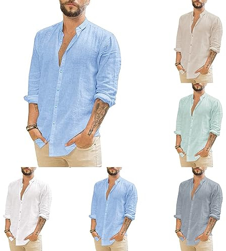 Camisa de Algodón y Lino para Hombre Camisas de Manga Larga Casual Verano Camisa Color Sólido con Botones Camisas Ajuste Regular Ropa de Playa Vacaciones Trabajo (01-Light Blue, L)