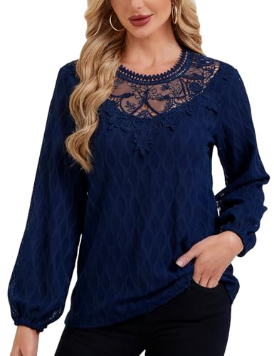 Atxnn Blouse Femme Chemisier Élégant Chic Top Manches Longues Haut Col Rond T-Shirt Automne Printemps Dentelle Couleur Unie