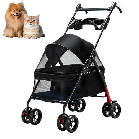 Travel Pet Stroller, Dogs Cats Foldable Travel Carriage with 4 Wheels Cup Holder Rain Cover Small Medium Sized Dog Cat Trolley Pushchair for Small Puppy, Black