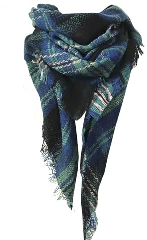 CBMZHF Écharpe à carreaux de luxe, bleu marine et vert, mélange de laine, 135-175 cm, écharpe d'hiver à franges, motif tartan classique