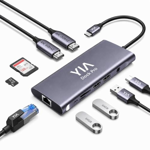 YIA Dock Pro - Estación de acoplamiento para portátil 14 en 1, concentrador de triple pantalla con HDMI dual y DisplayPort 4K a 60Hz 100W PD, lector de tarjetas Ethernet SD/TF, puertos USB-C y USB-A