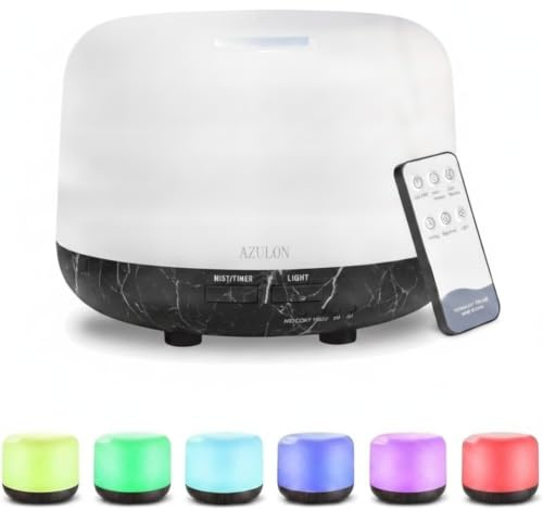 AZULON Essential Oil Diffuser 300ml, Aromatherapy Humidifier with Remote, 7 Colour LED Lights, Cool Mist & Auto Shut-Off, Oil Diffuser for Home & Bedroom, Black Marble