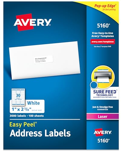 Avery Easy Peel Printable Address Labels with Sure Feed, 1 x 2-5/8 Customizable Stickers, White, 3,000 Blank Mailing Labels, Great for Mailing, Shipping, and More (5160)