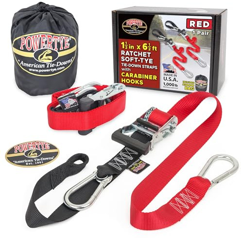 PowerTye 1.5 inch x 6.5ft Heavy Duty Ratchet Tie Down Straps with Carabiner Hooks, Soft-Tye & Storage Bag, for Motorcycle, ATV, Trailer & Cargo - 1,000 lb WLL - Made in USA - Red/Black Pair