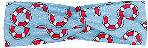 ABAKUHAUS Buoy Headband, Pattern with Lifebuoys Floating in Ocean Swimming Urgency SOS Protection, Elastic and Soft Women's Bandana for Sports and Everyday Use, Pale Blue Pink White