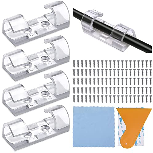 100 Clips Grapas de Pared para Cable, Organizador de Cables con Tornillos y Adhesivo, Abrazadera de Cables, Audio para Hogar, Oficina, TV, USB, Coche y Taller, Equipado con raspador y paño de limpieza