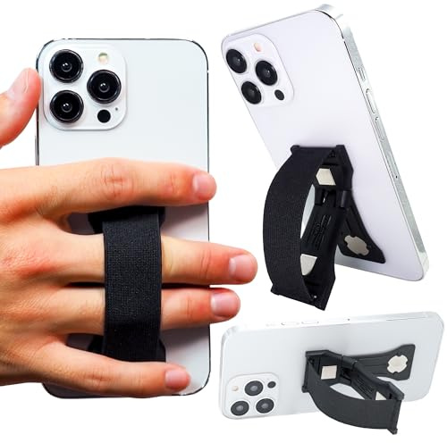 LOVEHANDLE PRO Premium Phone Grip - Elastic Phone Strap - Magnetic Phone Mount and Kickstand for Smartphone and Tablet - Black