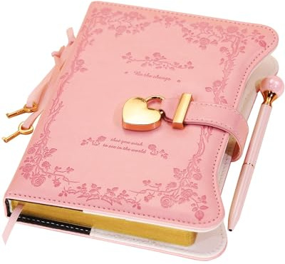 Hoci Poci Diary with Lock and Keys for Girls Gift Ideas, 360 Gold Edged Pages Journal for Women, B6 Refillable Notebook for Writing with Pen and Bookmark (Garden Pink)