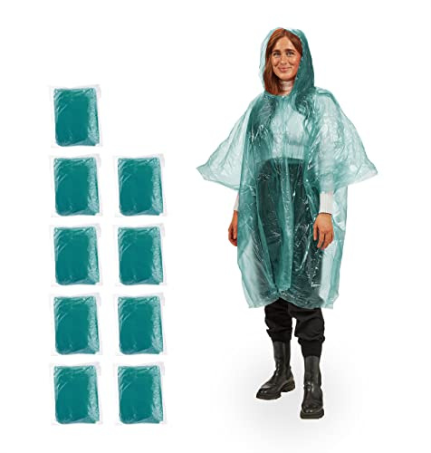 Relaxdays Regenponcho Einweg, 10er Set, Einmal Regencape mit Kapuze, für Erwachsene, Notfallponcho Damen & Herren, grün