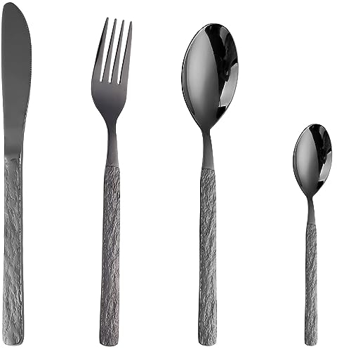 CAOPAOTI Besteckset Schwarz 6 Personen, Edelstahl Besteck Set 24-teilig, Steinmuster Design Essbesteck Sets mit Messer Gabel Löffel, Spülmaschinenfes