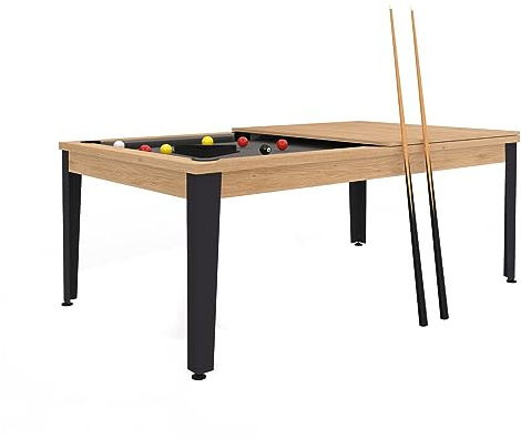 Billard Anglais 7ft UK Convertible en Table Easy 210 • Livré dans Votre pièce • Prêt à Monter avec kit Accessoires (Industriel chêne, Tissu Gris-foncé)