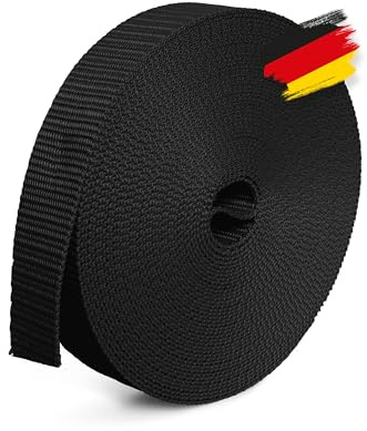 BAUHELD® 10m Universal Gurtband 20mm [Made in Germany] - Gewebe Montage-Band aus Polypropylen - Gurt zum Befestigen, Nähen oder Zubehör für Rucksack, Koffer, Steck-Schnalle, Spannriemen - Schwarz