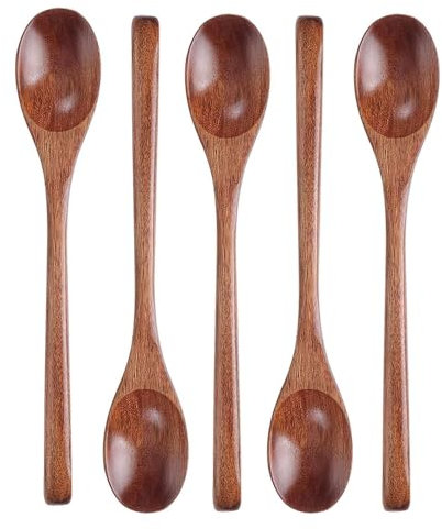 KOMUNJ Set di 5 utensili da cucina, 23,5 cm, cucchiaio giapponese coreano con manico lungo, cucchiaio da tavola, cucchiaio in legno, cucchiaio in legno, per mescolare e mescolare gli alimenti durante