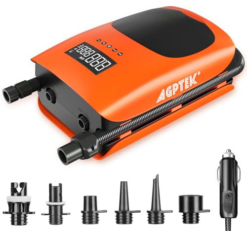 AGPTEK 22PSI SUP Pumpe Elektrisch, tragbare SUP Board Pumpe, Aufblas- und Entleerungsfunktion Auto-Off &12V DC Autoanschluss Zweistufig für aufblasbare Stand up Paddle Boards, Boote, Kajak