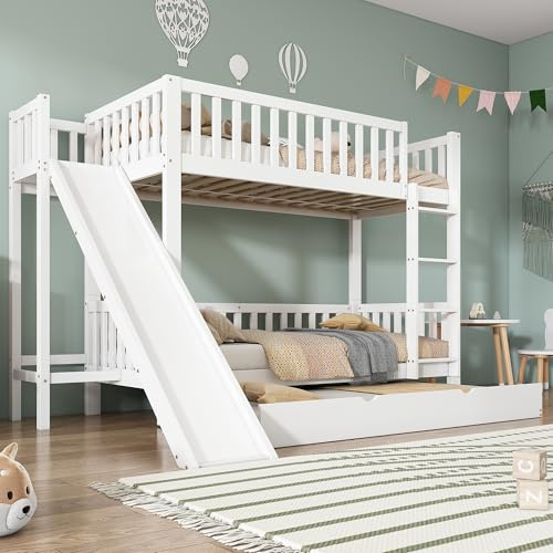 Merax Lit superposé avec lit gigogne et toboggan, lit enfant avec grille de protection anti-chute, échelle droite à 4 marches et étagères, pin + MDF, blanc, 90 x 200/190 cm, sans matelas, pour trois