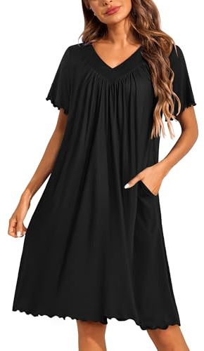 Ekouaer Nightgowns for Women Short Sleeve House Dress with Pockets Pleated Soft Moomoo V Neck Sleepwear,Black,XXL