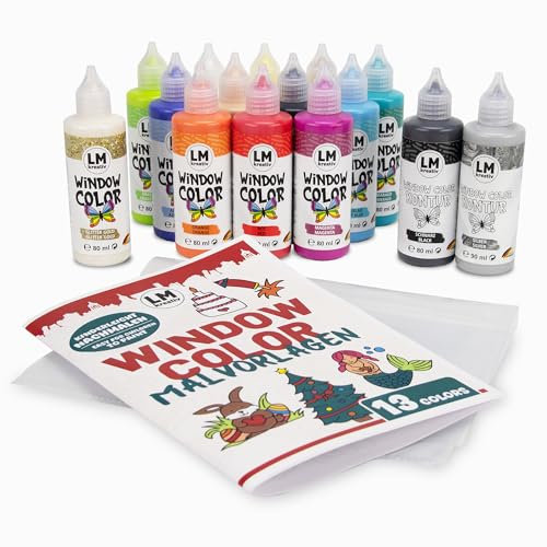 LM-Kreativ Window Color Set 4 Jahreszeiten - Fenstermalfarben Set mit 15 Farben, Konturfarben & 3 beidseitig bedruckten Malvorlagen mit über 50 Motiven - Window Colour Farben für Groß & Klein