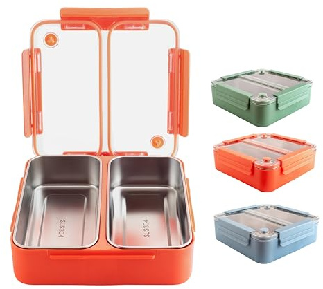 xxonyx Bento Lunch Box 1100ml for Adults and Kids Large Capacity with Two Stainless Steel Compartments Leakproof Lunchbox for Work and School Prepare Meal Container (Coral-Orange)