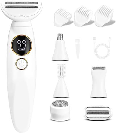 5 In 1 Rasoio Elettrico Donna, Rasoio Intimo Donna Display a LED, Depilazione Intima donna Dock di Ricarica USB,Rasoio Parti Intime Donnas wet & dry, Rasoio Viso Donnas per Ascelle/sopracciglio,IPX7