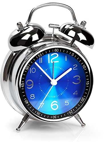 AYRELY® Sveglia retrò a doppia campana, forte per chi dorme profondo, 10 cm, analogico, senza ticchettio, quadrante in metallo con luce notturna, per camera da letto e comodino (blu)