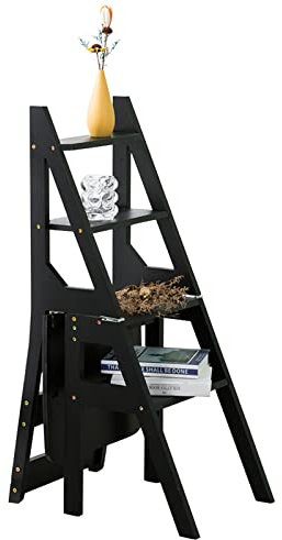 Folding Step Ladder Chair for Indoor Use Multifunctional Library Stepladder Stairway Chair with Bookshelf and Plant Stand