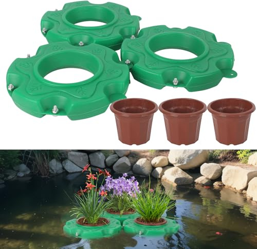 GHIBFBT Floating Pond Planters, Decorative Hydroponic Island Garden Planter for Aquatic Plants, Plastic lant Baskets for Pool, Landscaping (3, Round+Brown pot)