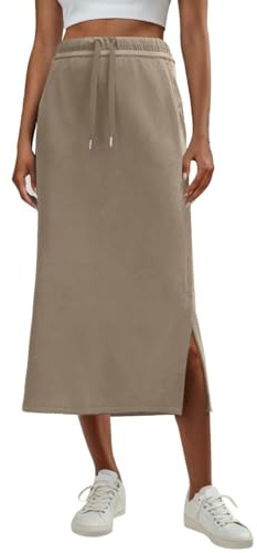 GRECERELLE Women's Maxi Skirt Elasticated Waisted Drawstring with Pockets - Long Thick Warm Skirts for Autumn and Winter; Side-Slit Hem; UK Sizes 8 to 24