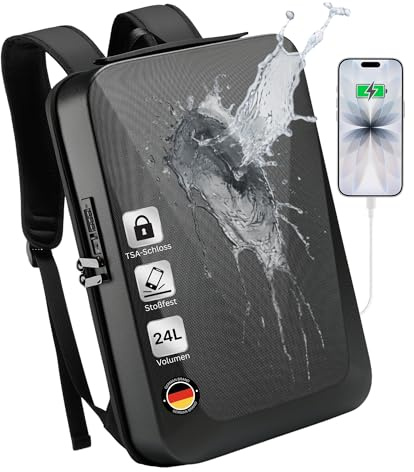 NOVARO Laptop Rucksack Herren Business 15,6 Zoll, Hartschale, Wasserdicht, Diebstahlsicher mit TSA Schloss, Handgepäck Rucksack 24L mit USB Ladeanschluss